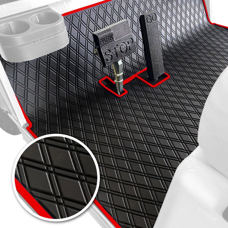 Xtreme Mats Club Car Compatible Golf Cart Mat, Full Coverage Rubber Floor Liner - Fits Club Car DS (1982-2013) and Villager (1982-2018) - Black with Red Trim - Image 1