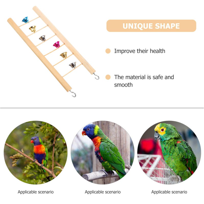 Wooden Parrot Ladder with 6 Steps and Bells 25cm Birdcage Accessory Training Toy - Image 4