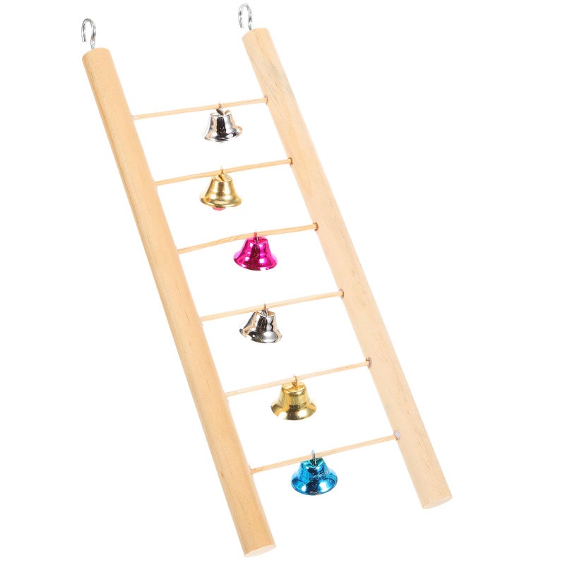 Wooden Parrot Ladder with 6 Steps and Bells 25cm Birdcage Accessory Training Toy - Image 2