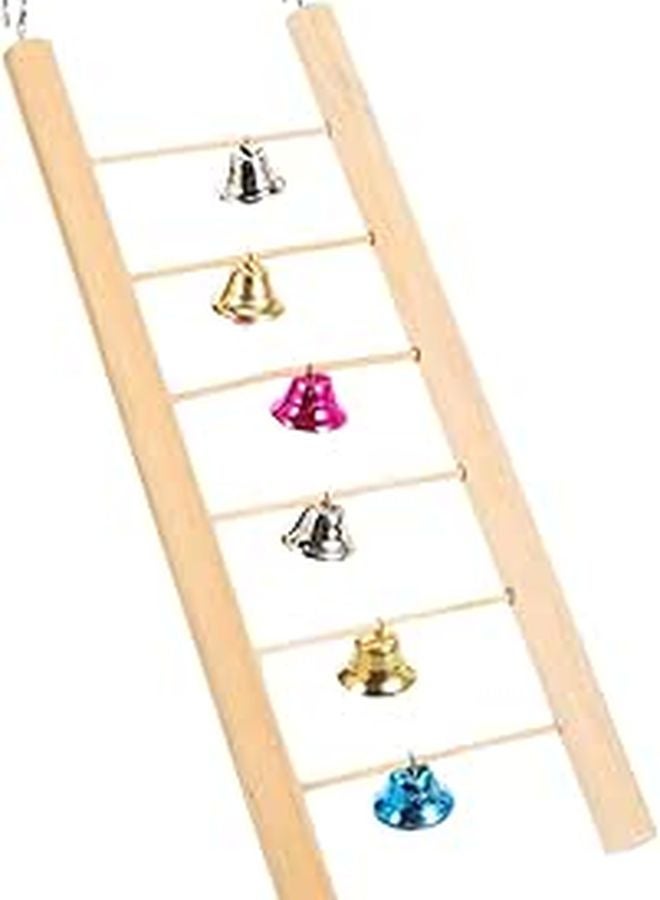Wooden Parrot Ladder with 6 Steps and Bells 25cm Birdcage Accessory Training Toy - Image 1