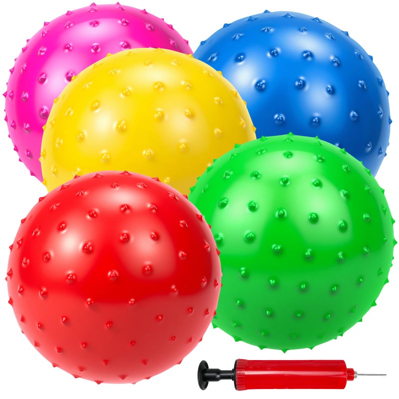 Hymaz Knobby Balls Bulk 9 Soft Bouncy Ball Sensory Toys Spiky Massage Stress Ball Set of 5 Sensory Balls with Pump Party Favors Stocking Stuffers Beach Games for Kids Toddlers