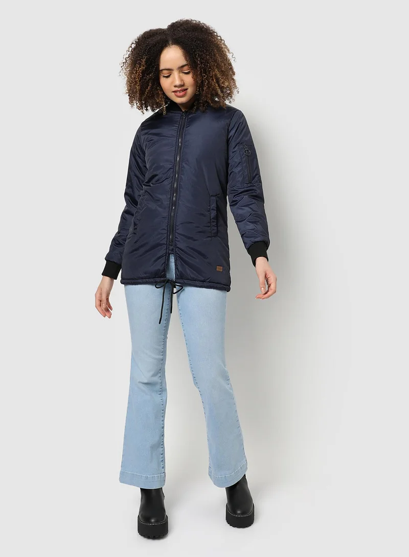 Women's Navy Blue Micro Checkered Long Puffer Jacket For Casual Wear | Low Stand-Up Collar | Long Sleeve | Zipper Closure | Polyester Jacket Crafted With Comfort Fit For Everyday Wear
