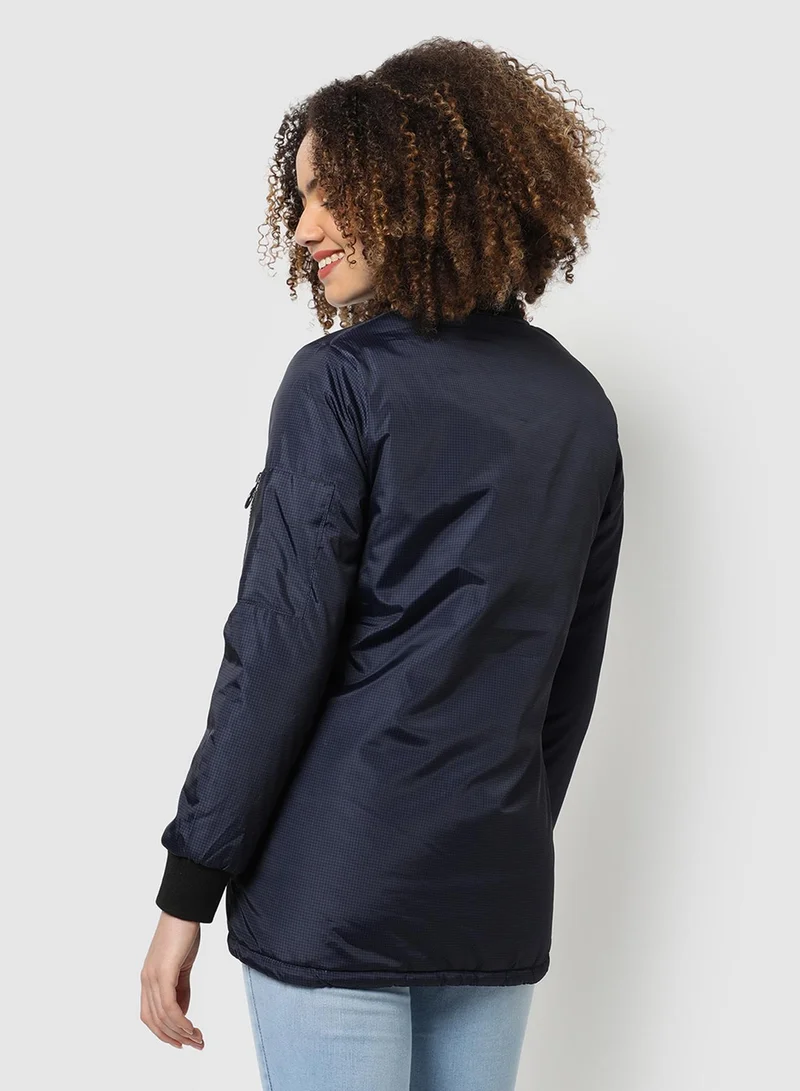 Campus Sutra Women's Navy Blue Micro Checkered Long Puffer Jacket For Casual Wear | Low Stand-Up Collar | Long Sleeve | Zipper Closure | Polyester Jacket Crafted With Comfort Fit For Everyday Wear