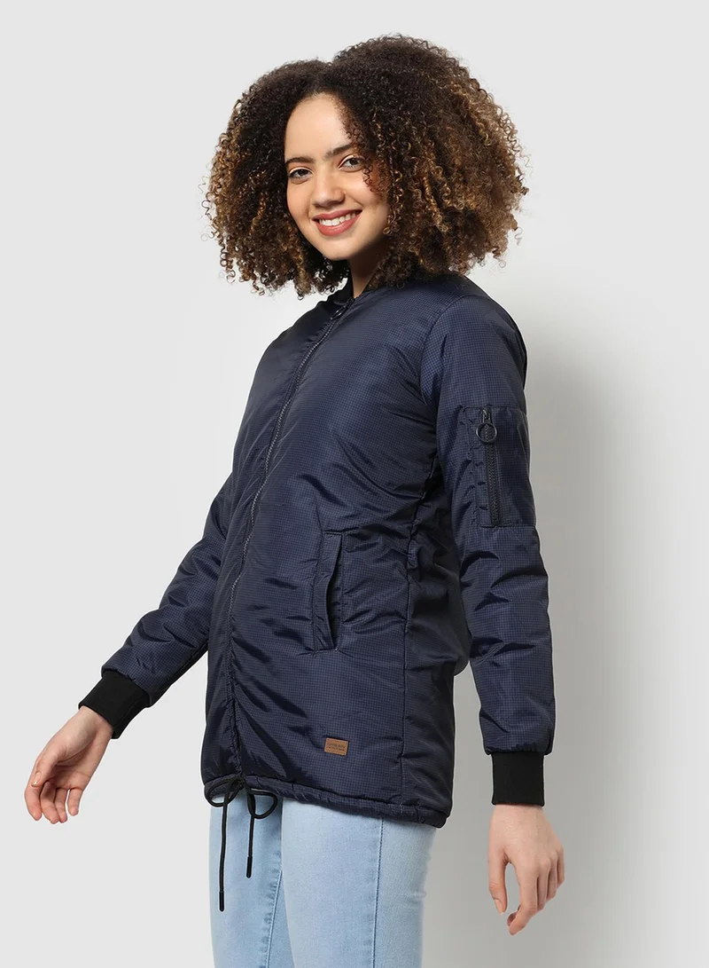 Campus Sutra Women's Navy Blue Micro Checkered Long Puffer Jacket For Casual Wear | Low Stand-Up Collar | Long Sleeve | Zipper Closure | Polyester Jacket Crafted With Comfort Fit For Everyday Wear