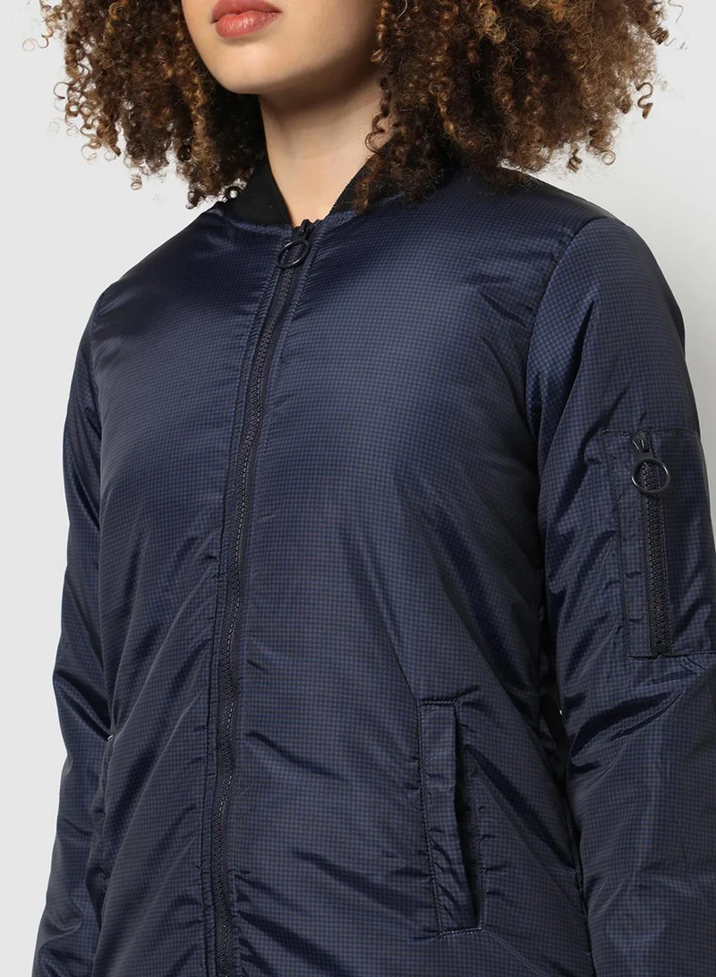 Campus Sutra Women's Navy Blue Micro Checkered Long Puffer Jacket For Casual Wear | Low Stand-Up Collar | Long Sleeve | Zipper Closure | Polyester Jacket Crafted With Comfort Fit For Everyday Wear