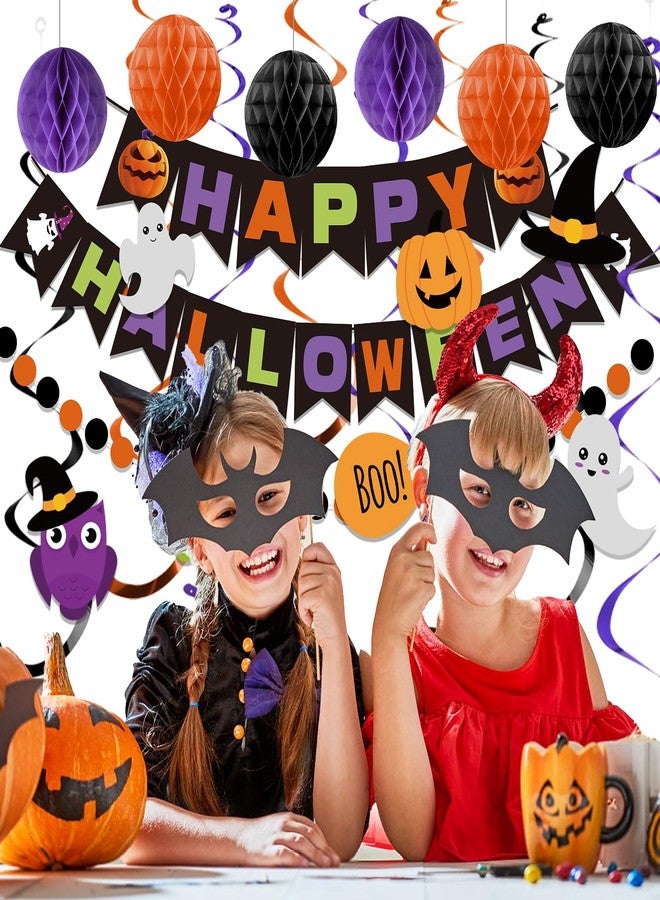 meowtastic Happy Halloween Banner Decorations - Halloween Banner with Honeycomb Ball, Hanging Swirl Streamer, Circle Dot Garland Decorations for theme Party Decorations - Image 3