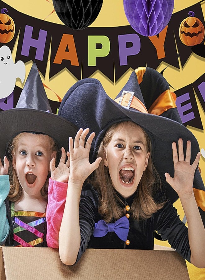 meowtastic Happy Halloween Banner Decorations - Halloween Banner with Honeycomb Ball, Hanging Swirl Streamer, Circle Dot Garland Decorations for theme Party Decorations - Image 4