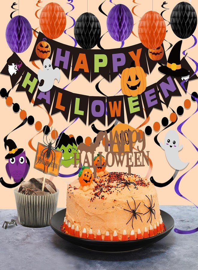 meowtastic Happy Halloween Banner Decorations - Halloween Banner with Honeycomb Ball, Hanging Swirl Streamer, Circle Dot Garland Decorations for theme Party Decorations - Image 2