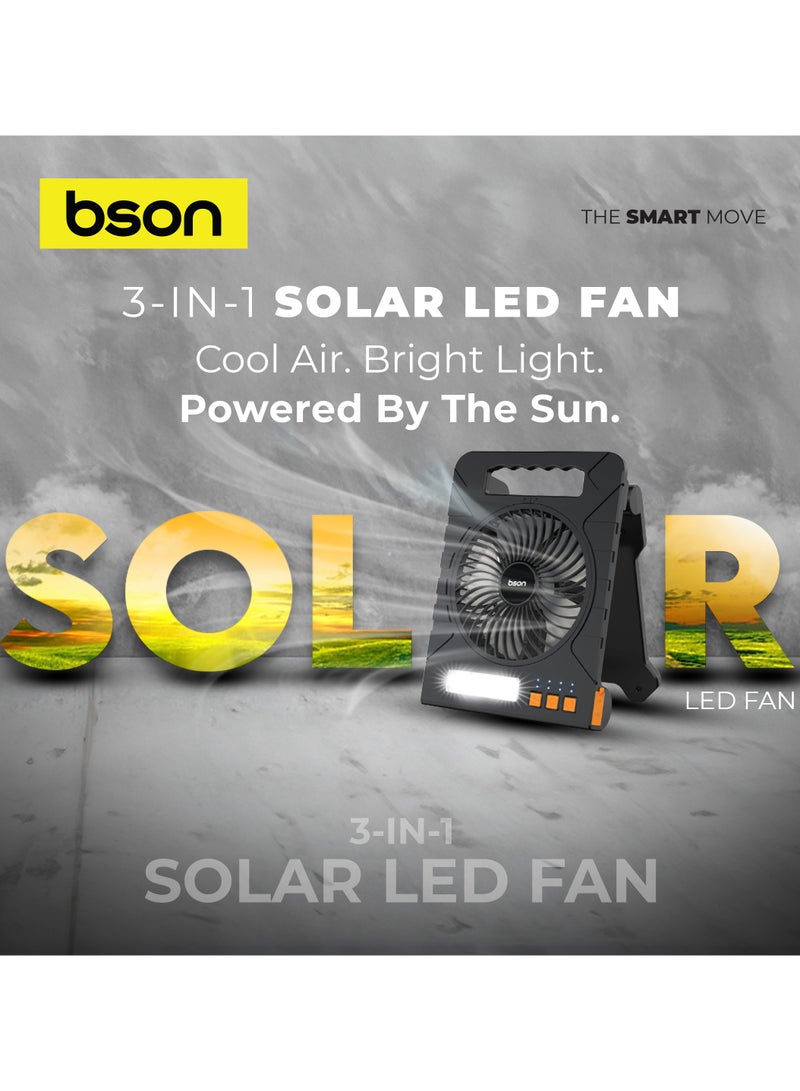 BSON 3-in-1 Solar LED Fan with 4-Speed Cooling, Adjustable Light Modes, Smart Timer, Flashlight, Solar and Type-C Charging - Ideal for Camping Travel Outdoor and Home Use  - Image 2