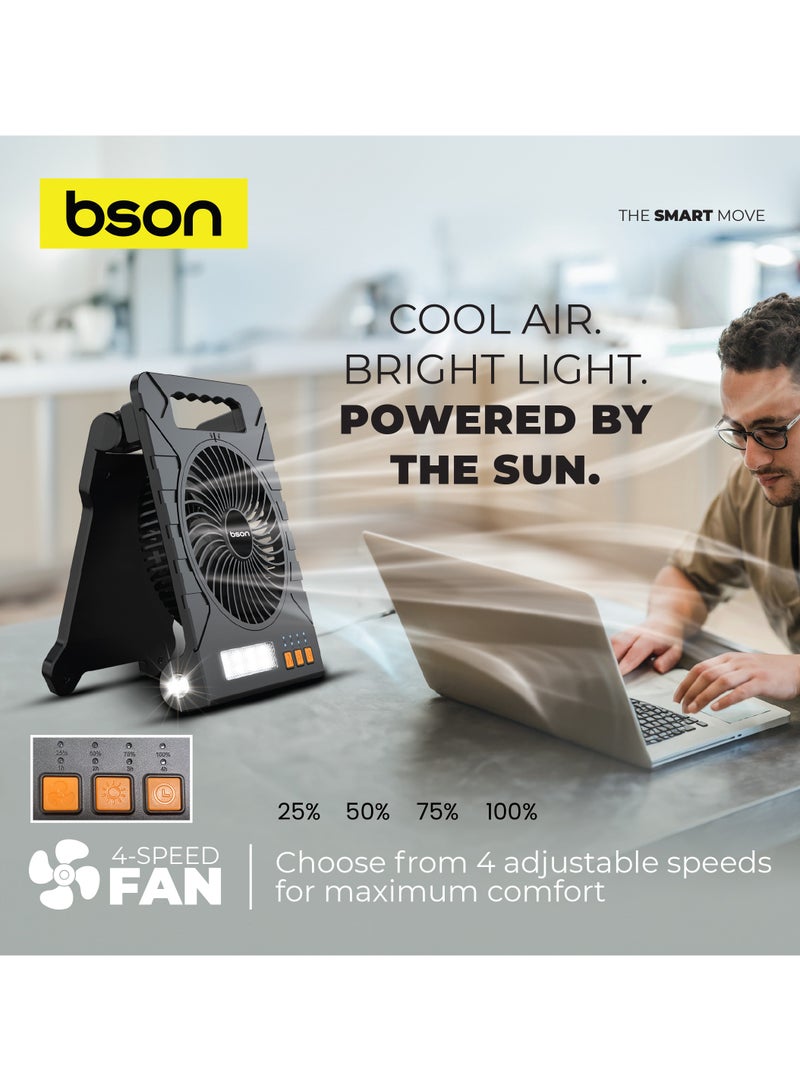 BSON 3-in-1 Solar LED Fan with 4-Speed Cooling, Adjustable Light Modes, Smart Timer, Flashlight, Solar and Type-C Charging - Ideal for Camping Travel Outdoor and Home Use  - Image 3