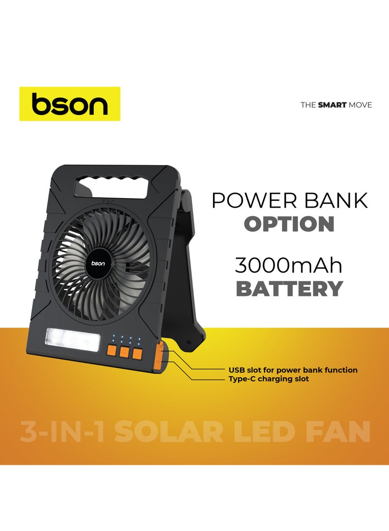 BSON 3-in-1 Solar LED Fan with 4-Speed Cooling, Adjustable Light Modes, Smart Timer, Flashlight, Solar and Type-C Charging - Ideal for Camping Travel Outdoor and Home Use  - Image 4