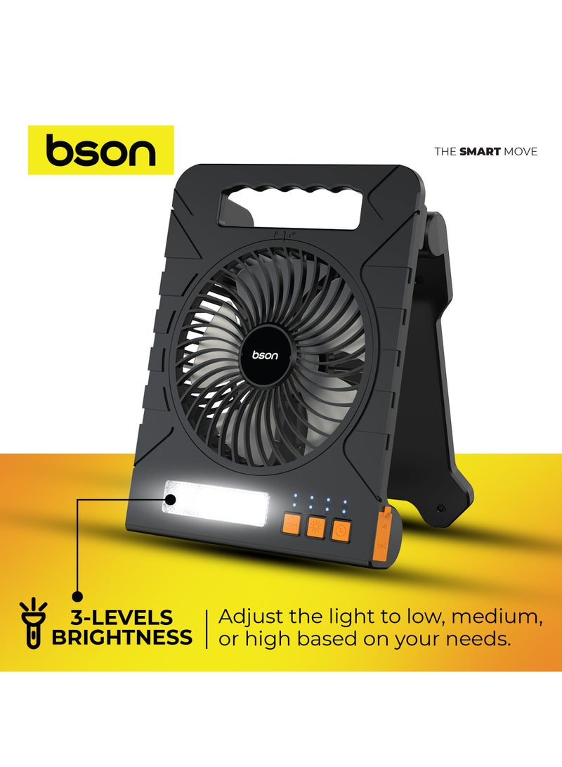 BSON 3-in-1 Solar LED Fan with 4-Speed Cooling, Adjustable Light Modes, Smart Timer, Flashlight, Solar and Type-C Charging - Ideal for Camping Travel Outdoor and Home Use  - Image 5