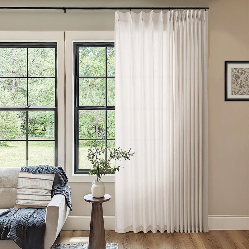 DUKIYO Pinch Pleat 72x96 Inch Linen Curtains for Living Room Divider Custom Pleated Drapes with Hooks Rings Light Filtering Cream Birch Sheer Curtain 96 Inch Length for Patio Sliding Door Ceiling Window 8Ft - Image 1