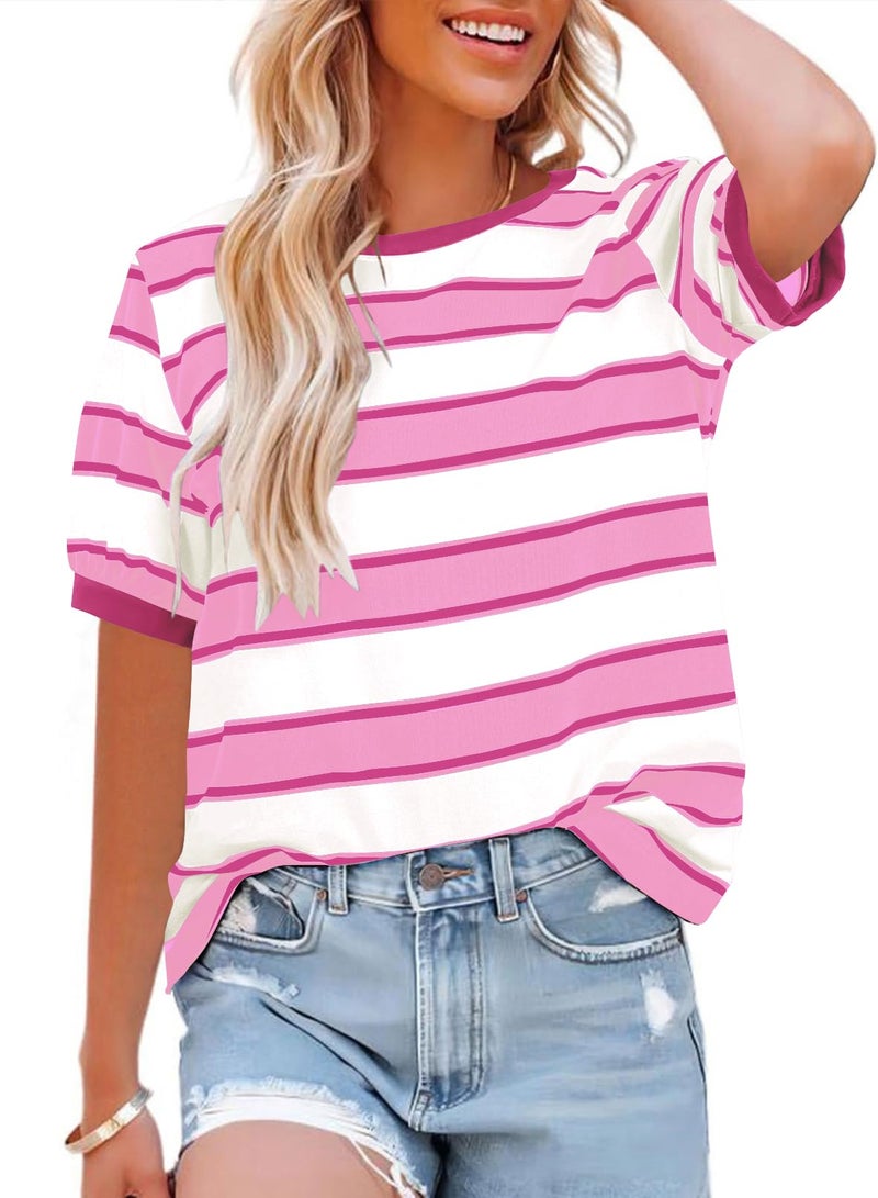 Lafural Womens Tops Cotton Casual Color Block Striped Short Sleeve Shirts Crewneck T Shirts Loose Basic Tee Blouses RS+W L Rose White - Image 1