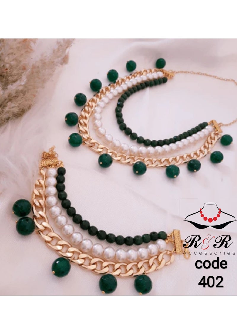 R&R Women's multi-role set of green agate with white pearl and golden metal