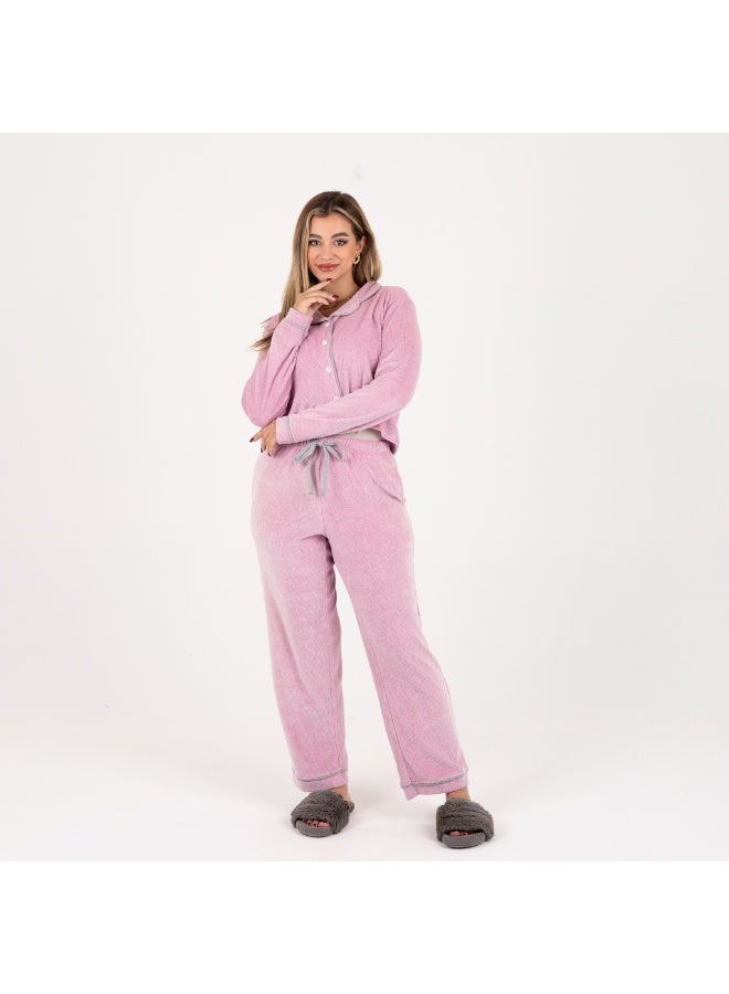 زيكوتكس  بيجامة نسائية شتوية قطيفة كلاسيكية - قميص بأزرار وياقة مطوية وبنطلون برباط - اللون وردي فاتح - مقاس S إلى L - Image 1