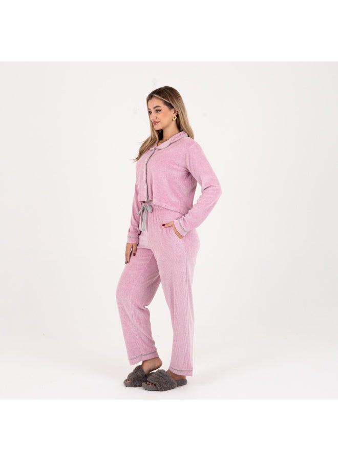 زيكوتكس  بيجامة نسائية شتوية قطيفة كلاسيكية - قميص بأزرار وياقة مطوية وبنطلون برباط - اللون وردي فاتح - مقاس S إلى L - Image 3