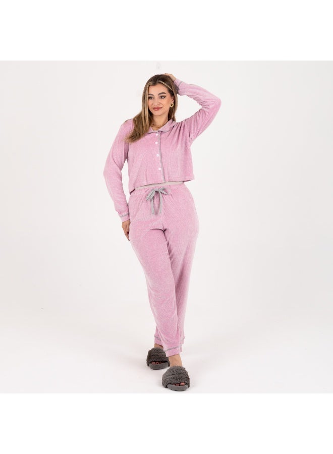 زيكوتكس  بيجامة نسائية شتوية قطيفة كلاسيكية - قميص بأزرار وياقة مطوية وبنطلون برباط - اللون وردي فاتح - مقاس S إلى L - Image 2