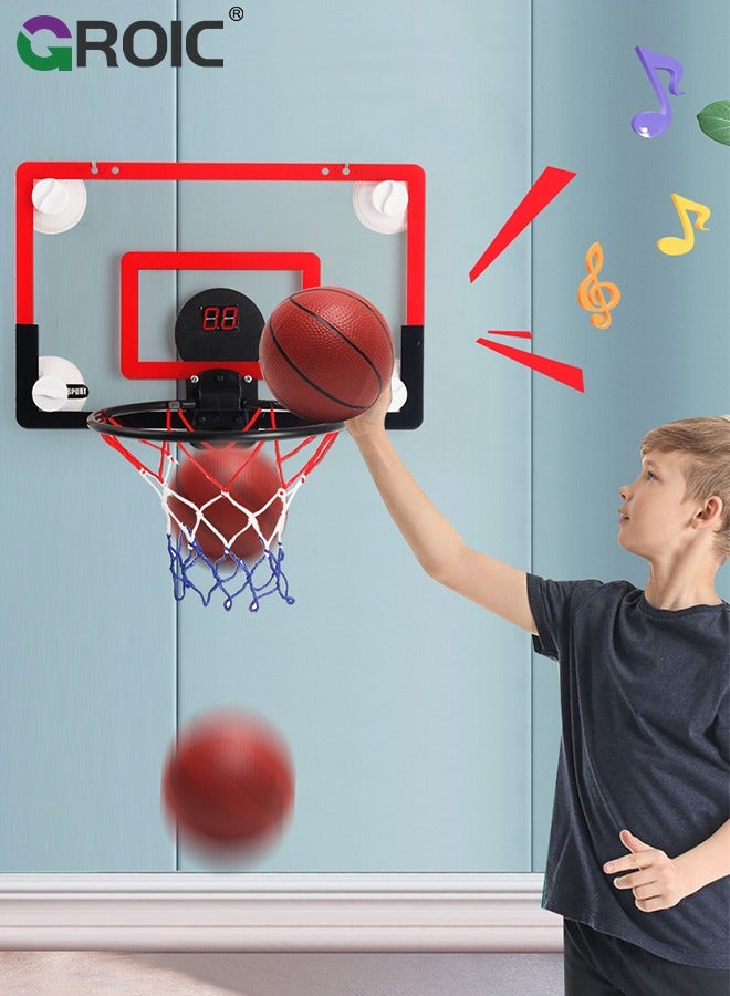 Mini Basketball Hoop with LED Light Electronic Scoreboard, 15.7" X 10.2" - Small Basketball Hoop with 1 Ball, Door/Wall Mounted Basketball Hoops Indoor Outdoor for Kids - Red