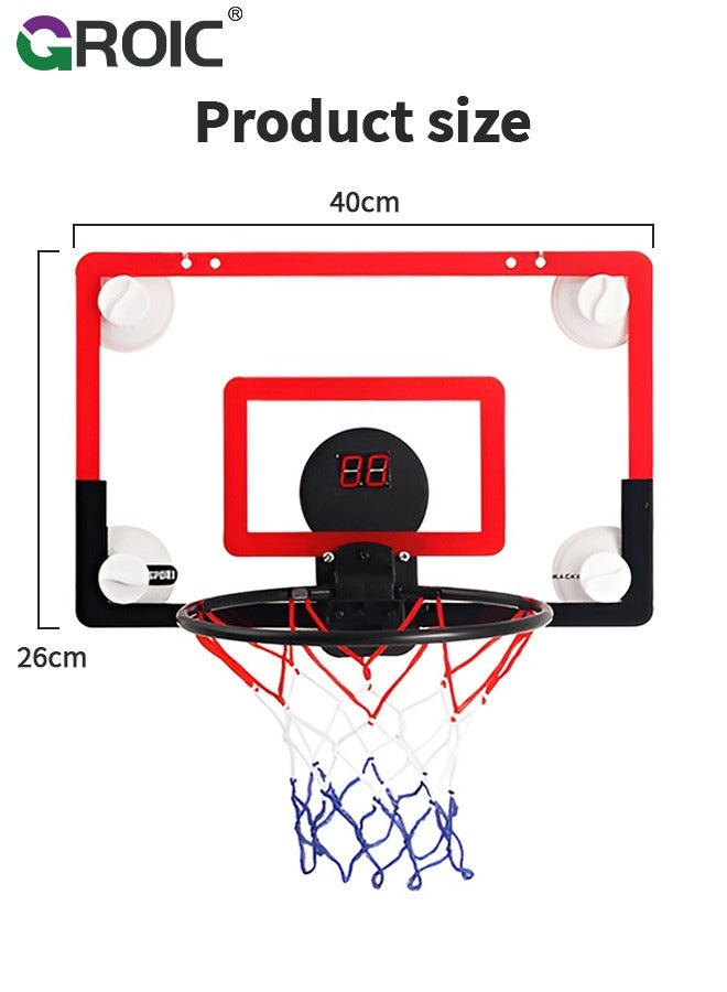 Mini Basketball Hoop with LED Light Electronic Scoreboard, 15.7" X 10.2" - Small Basketball Hoop with 1 Ball, Door/Wall Mounted Basketball Hoops Indoor Outdoor for Kids - Red