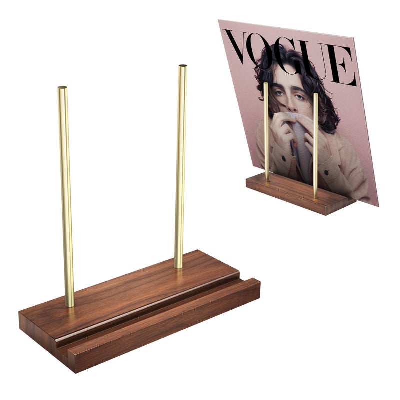 Aomomery Now Playing Vinyl Record Holder Solid Wood Stand Tabletop Display for Albums CDs iPads Singles and LPs Walnut