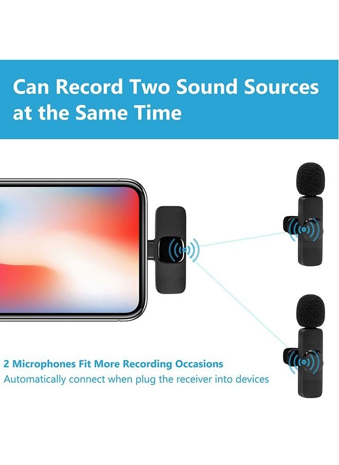 2Pcs Wireless Lavalier Microphone for iPhone iPad, Plug-Play Wireless Mic with Noise Reduction Auto-sync Lapel Microphone for Recording, Live Streaming, TikTok, YouTube, Facebook