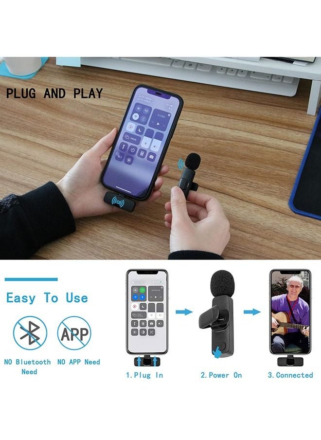 2Pcs Wireless Lavalier Microphone for iPhone iPad, Plug-Play Wireless Mic with Noise Reduction Auto-sync Lapel Microphone for Recording, Live Streaming, TikTok, YouTube, Facebook
