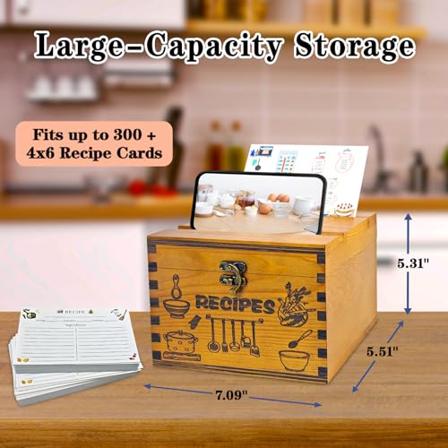 GoShambar Wooden Recipe Box with Cards and Dividers, 4x6 Recipe Card Box Set, Recipe Organizer with Double Lid Slots (Phone Holder & Recipe Holder) - Image 4