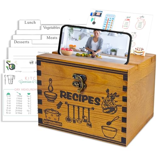 GoShambar Wooden Recipe Box with Cards and Dividers, 4x6 Recipe Card Box Set, Recipe Organizer with Double Lid Slots (Phone Holder & Recipe Holder) - Image 1