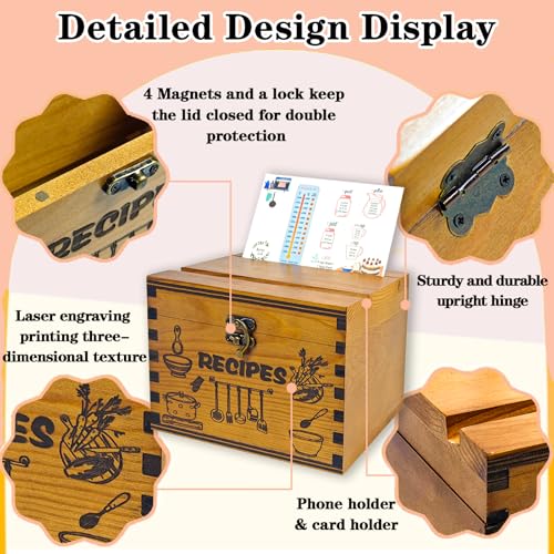 GoShambar Wooden Recipe Box with Cards and Dividers, 4x6 Recipe Card Box Set, Recipe Organizer with Double Lid Slots (Phone Holder & Recipe Holder) - Image 5