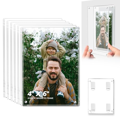 JUOIFIP 6 Pack 4x6 Magnetic Acrylic Picture Frame Stick to the Wall No Drill Clear Photo Frames Self Adhesive Framless Frames - Image 1