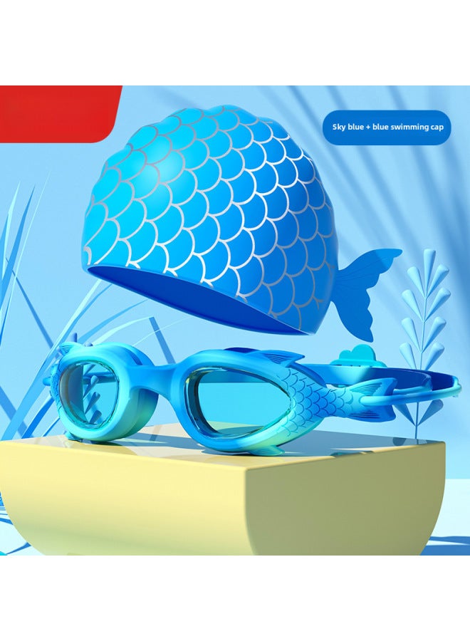 Generic Children's Swimming Goggles Anti-fog Boys And Girls Small Frame Goggles Swimming Training Diving Swimming HD Waterproof Professional Equipment-Color:Sky Blue Fish-shaped Cartoon Silicone Cap - Image 1