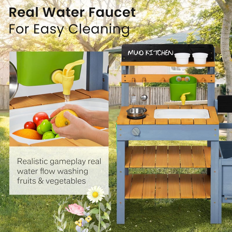 Frogprin Mud Kitchen with Planter Box, Outdoor Play Pretend Kitchen with Stoves, Removable Sink, Faucet, Blackboard, Cooking Accessories & Gardening Tools Set, Wooden Kids Kitchen for Boys Girls 3-8 - Image 3