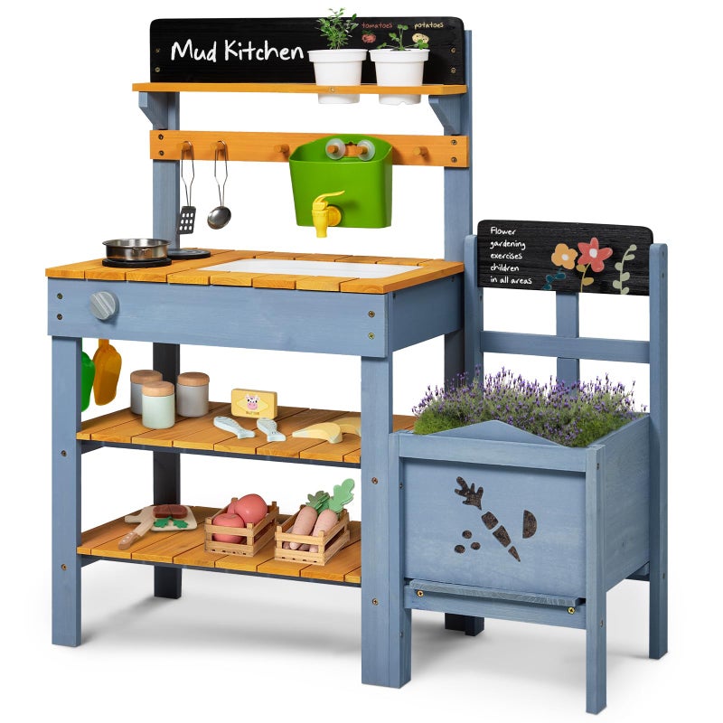 Frogprin Mud Kitchen with Planter Box, Outdoor Play Pretend Kitchen with Stoves, Removable Sink, Faucet, Blackboard, Cooking Accessories & Gardening Tools Set, Wooden Kids Kitchen for Boys Girls 3-8 - Image 1