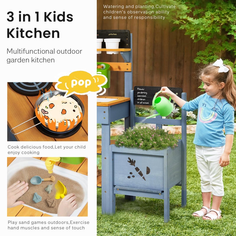 Frogprin Mud Kitchen with Planter Box, Outdoor Play Pretend Kitchen with Stoves, Removable Sink, Faucet, Blackboard, Cooking Accessories & Gardening Tools Set, Wooden Kids Kitchen for Boys Girls 3-8 - Image 2