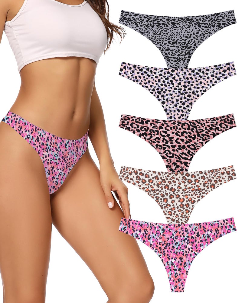 voenxe Seamless Thongs for Women No Show Thong Underwear Women 5-10 Pack (G-5 Pack Leopard Print, Medium) - Image 1