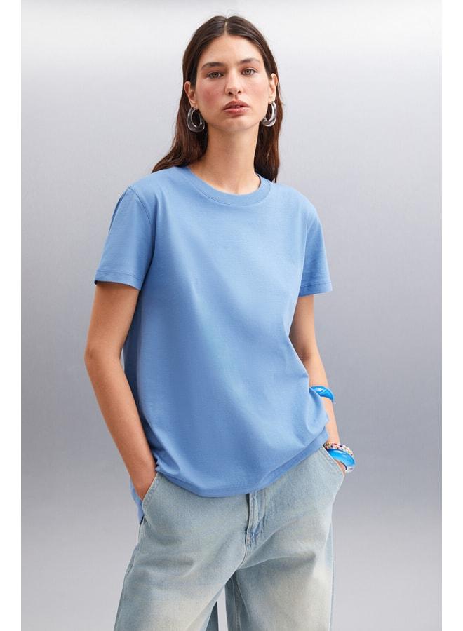GRIMELANGE Samantha Women's 100% Organic Cotton Comfort Fit Long Back Basic Knit Indigo T‑shirt. - Image 1