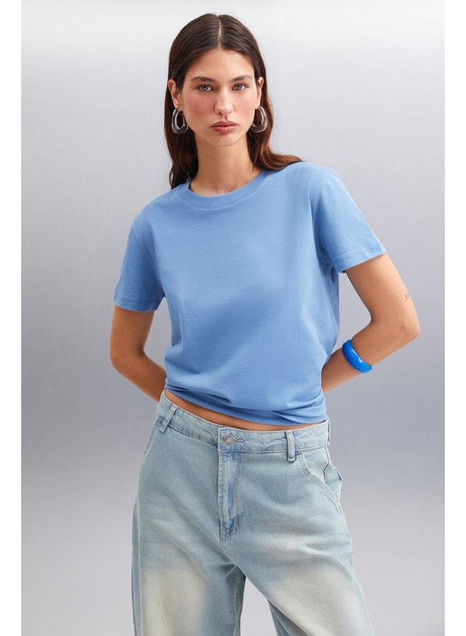 GRIMELANGE Samantha Women's 100% Organic Cotton Comfort Fit Long Back Basic Knit Indigo T‑shirt. - Image 3