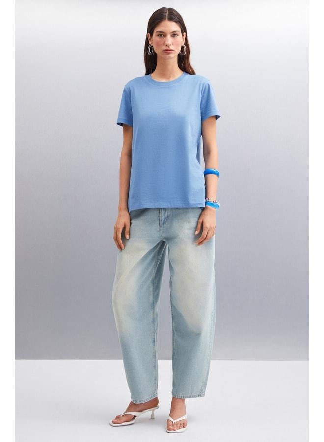 GRIMELANGE Samantha Women's 100% Organic Cotton Comfort Fit Long Back Basic Knit Indigo T‑shirt. - Image 2