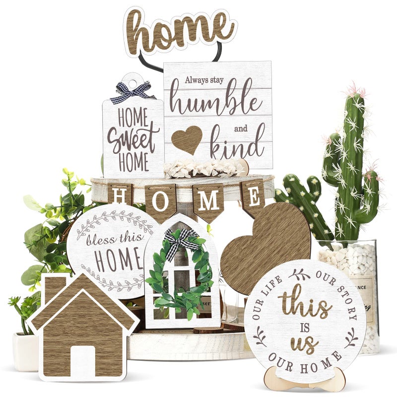 Maitys 10 Pcs Farmhouse Tiered Tray Decor Set Farmhouse Rustic Decor This Is Us Home Sweet Home Wooden Sign Rustic Ornaments for Kitchen Table Shelf Housewarming Gift - Image 2