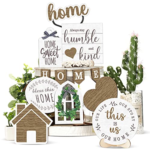 Maitys 10 Pcs Farmhouse Tiered Tray Decor Set Farmhouse Rustic Decor This Is Us Home Sweet Home Wooden Sign Rustic Ornaments for Kitchen Table Shelf Housewarming Gift - Image 1