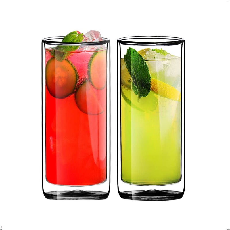 Suns Tea Double Wall Insulated Glass Tumbler 16oz 450ml Highball Glass Cups for Beer Lemonade Iced Tea Tropical Drink Cocktail Smoothie Mojito and Mixed Drinks Set of 2  Collins Style