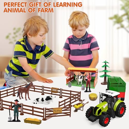Dwi Dowellin Farm Animal Toys Set,69 Pcs Farm Toys with Tractor with Trailer,Horse Stable Grain Bins Horse Cow Farmer Figures Fence Playset for Kids Toddlers Boy Girl 3-12 Years Old - Image 3