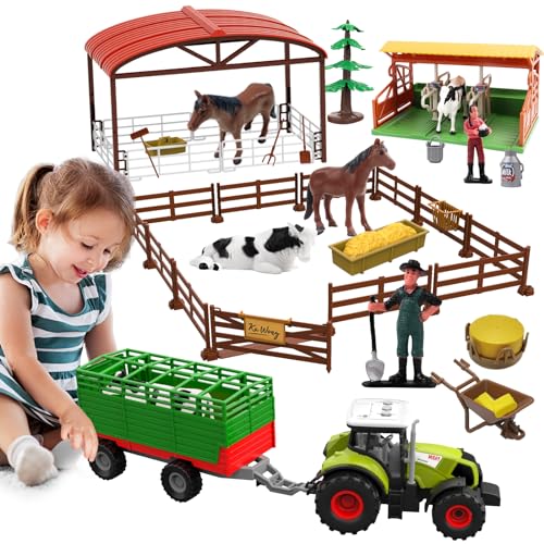 Dwi Dowellin Farm Animal Toys Set,69 Pcs Farm Toys with Tractor with Trailer,Horse Stable Grain Bins Horse Cow Farmer Figures Fence Playset for Kids Toddlers Boy Girl 3-12 Years Old - Image 1