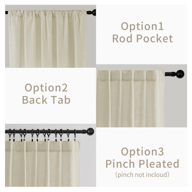 Joydeco Linen Curtains 96 inches Long 2 Panels Set,Light Filtering Curtains for Living Room Bedroom, Window Long Drapes with Rod Pockets Back Tab (W52 x L96 Inch, Natural) - Image 3