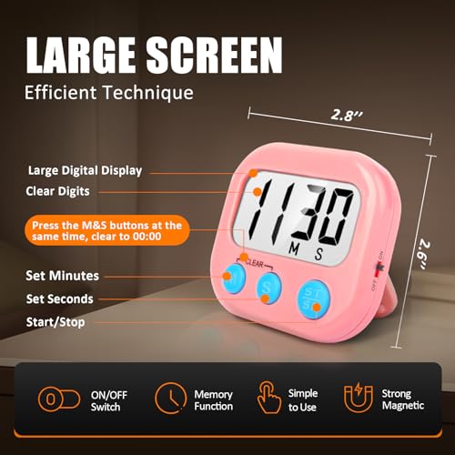AOUCE 2 Pack Kitchen Timers Loud Ring Digital Timers for Cooking Magnetic Pink - Image 3