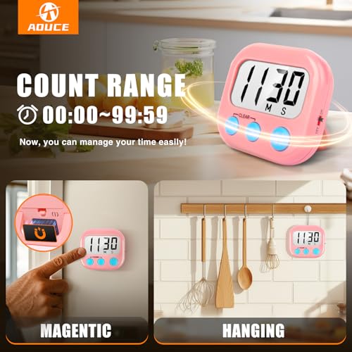 AOUCE 2 Pack Kitchen Timers Loud Ring Digital Timers for Cooking Magnetic Pink - Image 4