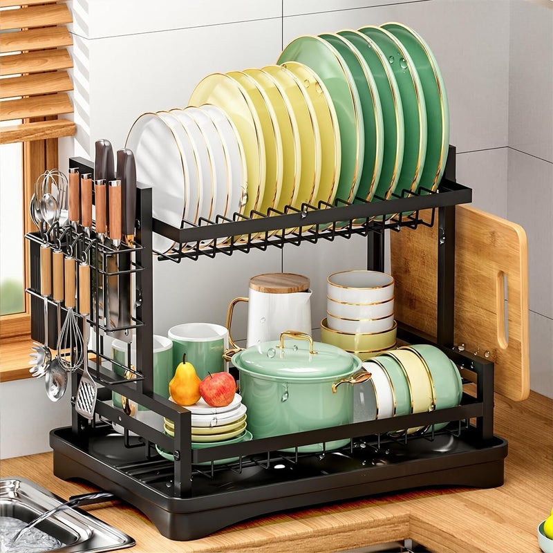 HASTHIP®Double Layer Kitchen Dish Rack Carbon Steel Utensils Drainer Rack with Drip Tray Built in Chopping Board Holder Utensils Storage Wire Holder Space Saver Kitchen Organizer 42x31x33cm - Image 1