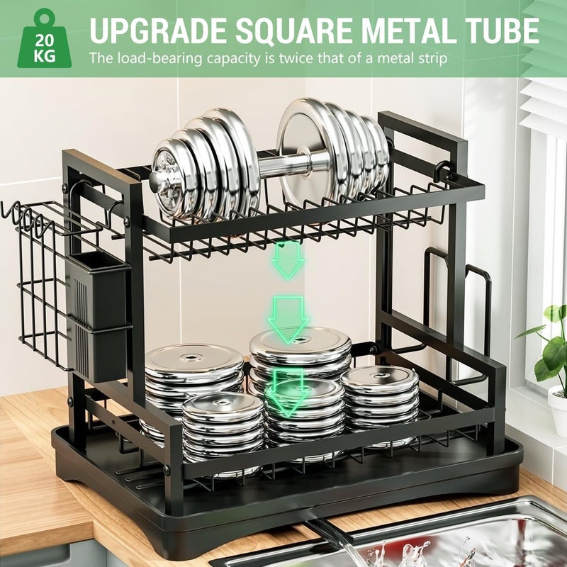 HASTHIP®Double Layer Kitchen Dish Rack Carbon Steel Utensils Drainer Rack with Drip Tray Built in Chopping Board Holder Utensils Storage Wire Holder Space Saver Kitchen Organizer 42x31x33cm - Image 3