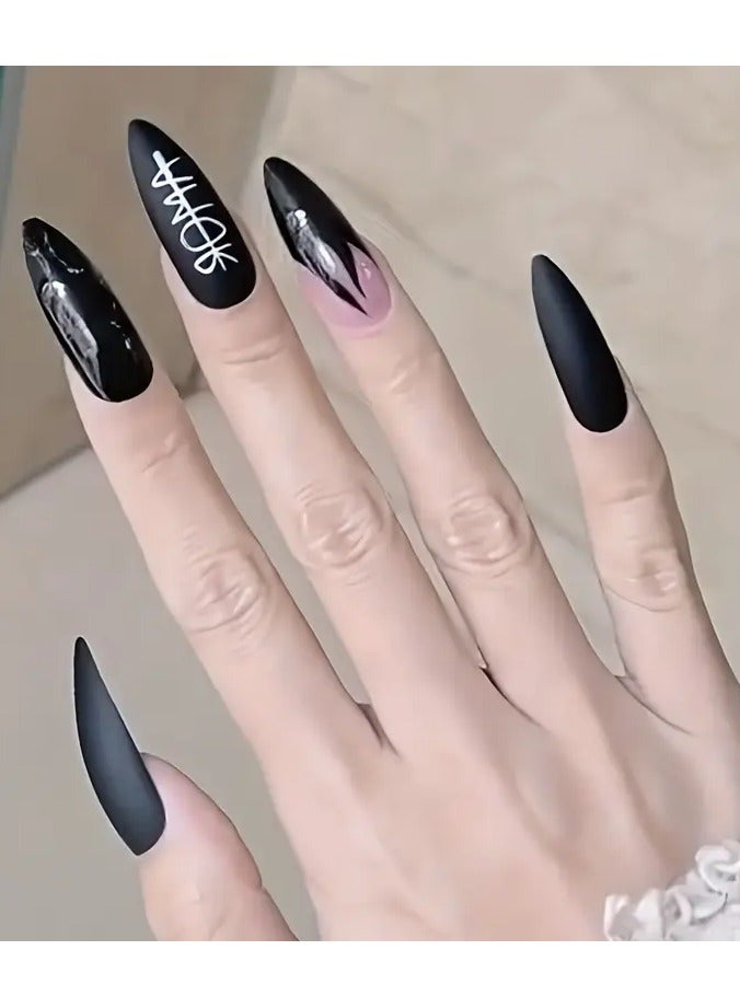 Rozino Y2K Press On Nails Black And Pink Fake Nails, Long Almond Full Cover False Nails For Women And Girls, Halloween Nails - Image 3